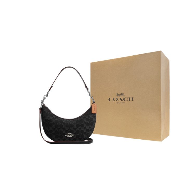 Coach Aria 26 Gold Label Classic Monogram Hardware Zipper Closure Denim Crescent Shoulder Bag Medium Women Shoulder Bag Black CP100-SVBK