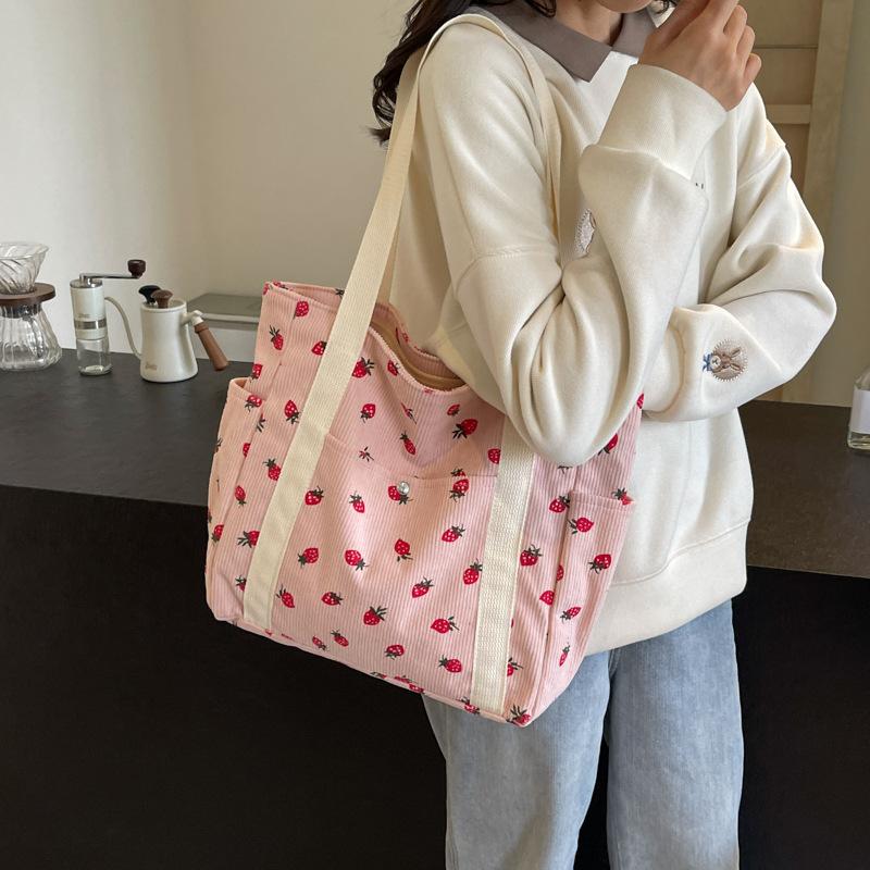 Strawberries Corduroy Handbag Sweet Women's Bag Fashionable Versatile Shoulder Bag Beautiful Simple Commuter Women's Tote Shopping Bags