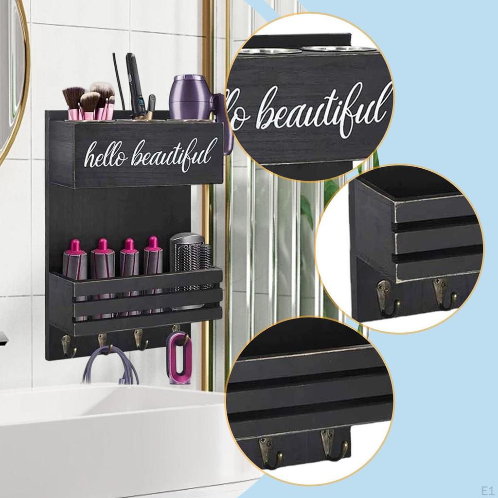 Holder Wall Organizer Storage Shelf Hair Accessories Wooden Tray Three Stainless Steel Cups And