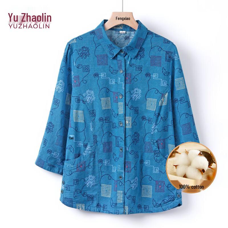 YUZHAOLIN Women s Floral Print 100% Cotton 3/4 Sleeve Shirt 2XL