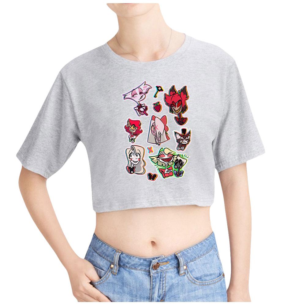 

Жіноча стильна футболка Hazbin Hotel з принтом у стилі аніме з коротким рукавом і круглим вирізом, приталені дикі повсякденні короткі топи на літо XXL сірий