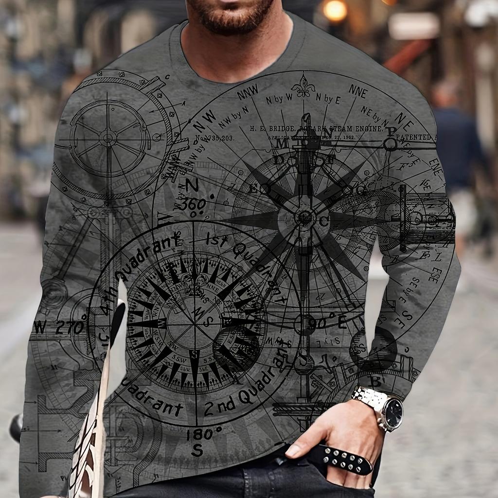 Compression Shirt Vintage Men's O-Neck Long Sleeved T-Shirt Nautical Print Tops Fitness Sunscreen Quick Dry Breathable T Shirts