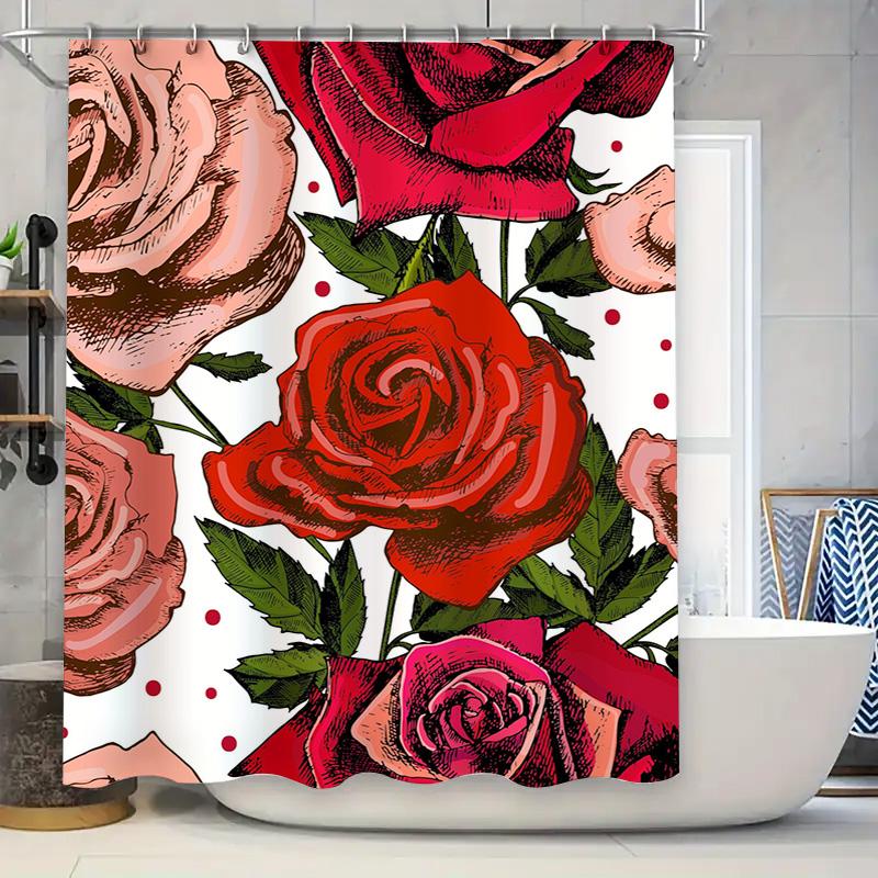 

Delightful Red Roses Shower Curtain For Bathroom Decor Beautiful Pink Rose Printed Fabric Waterproof Bath Mat Cover Set Perfect W60H190(CM)-1 Pcs