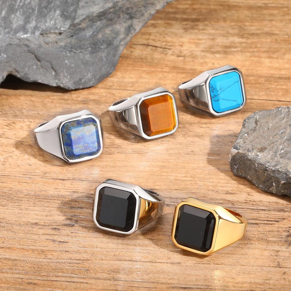 Vnox Anello Sigillo in Pietra Naturale da Uomo, Fascia Dita Quadrata Geometrica con Sigillo Superiore, Anello Maschile in Acciaio Inossidabile, Anillos De Hombre