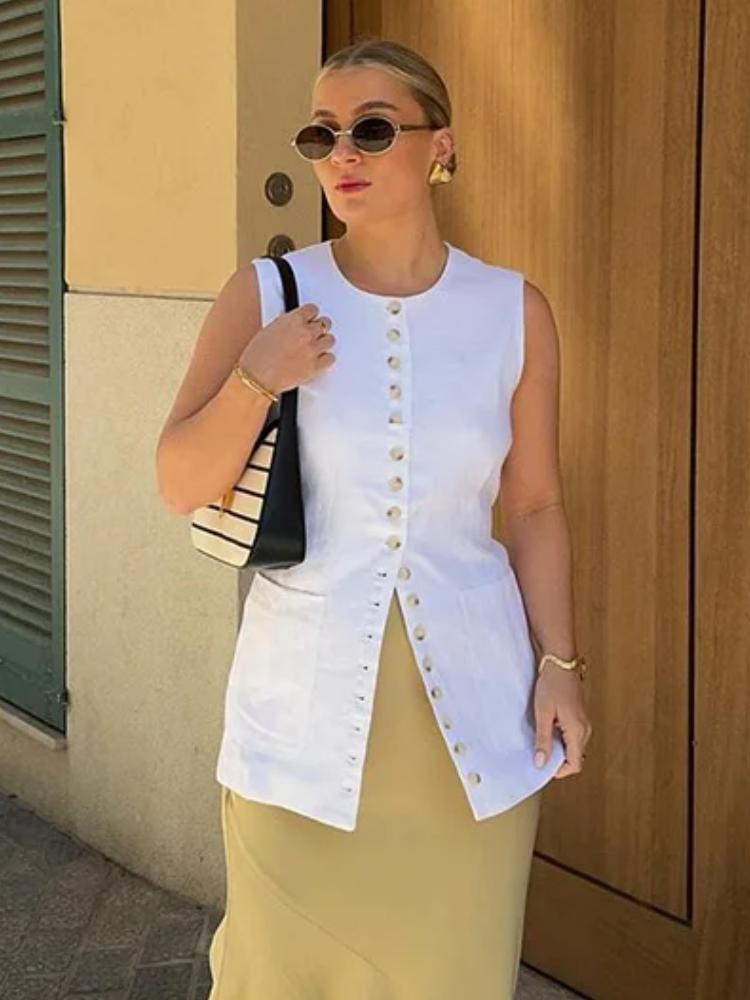 

France Elegant Y2k Button Solid Outerwear Women Summer Sexy Sleeveless Casual Tops Female Fashion Retro O-neck Pockets Office Lady Clothing L білий