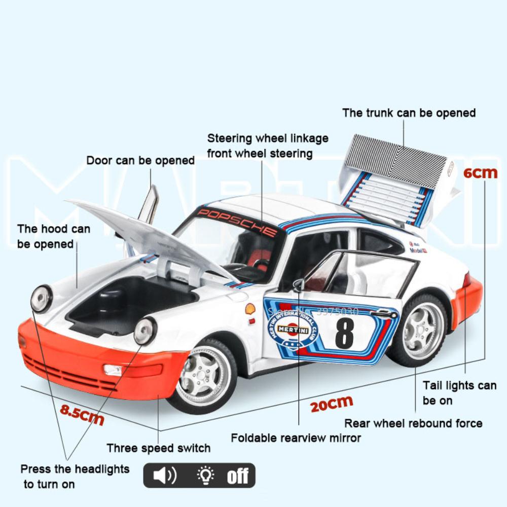 1/24 Porsche 964 Martini Modello Giocattolo Lega Diecast Vintage Classica Auto Sportiva Modello con Suono e Luce Giocattoli da Collezione per Bambini Regalo