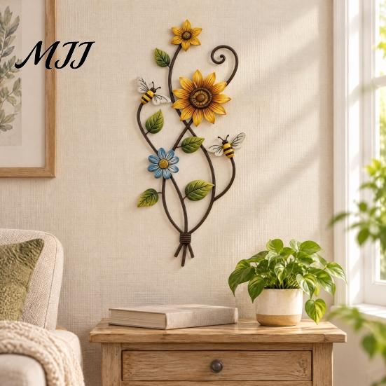 Indoor Living Room Art Sunflower Bee Wall Decor, 2D Flat Floral Hanging, Country Garden Weather Resistant Outdoor Sign Flower Ornament for Fence Porch