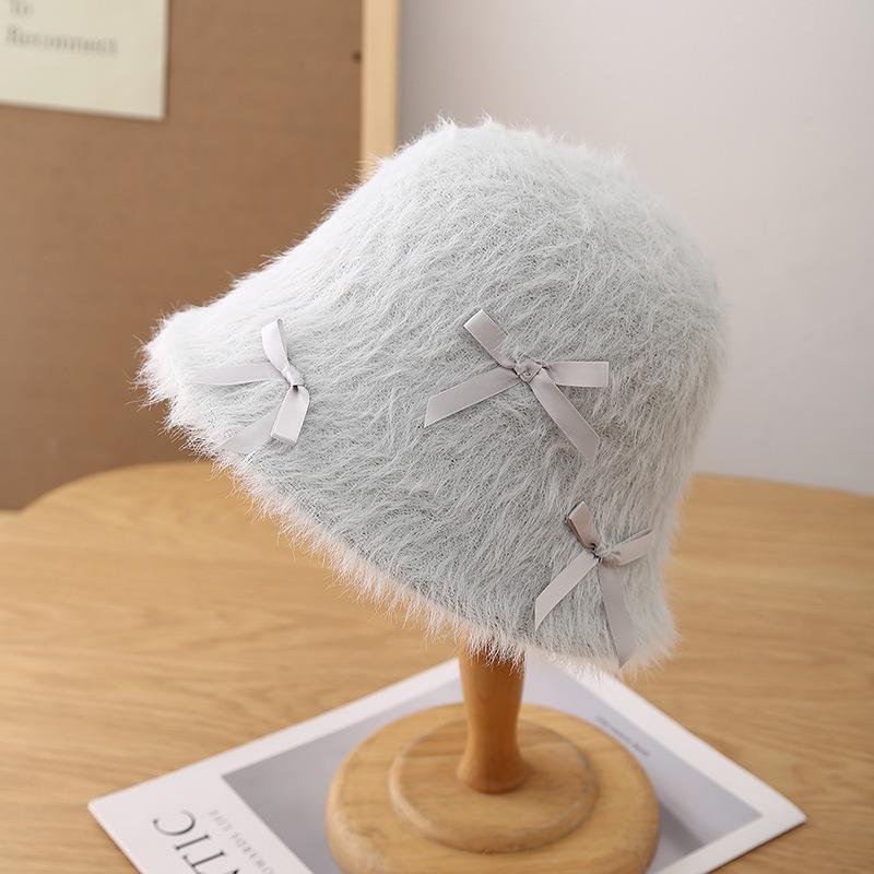 

Sweet Bow Plush Bucket Hat Schoolgirl Cute Bucket Hat Winter Foldable Fashion Basin Hat ONE SIZE сірий колір