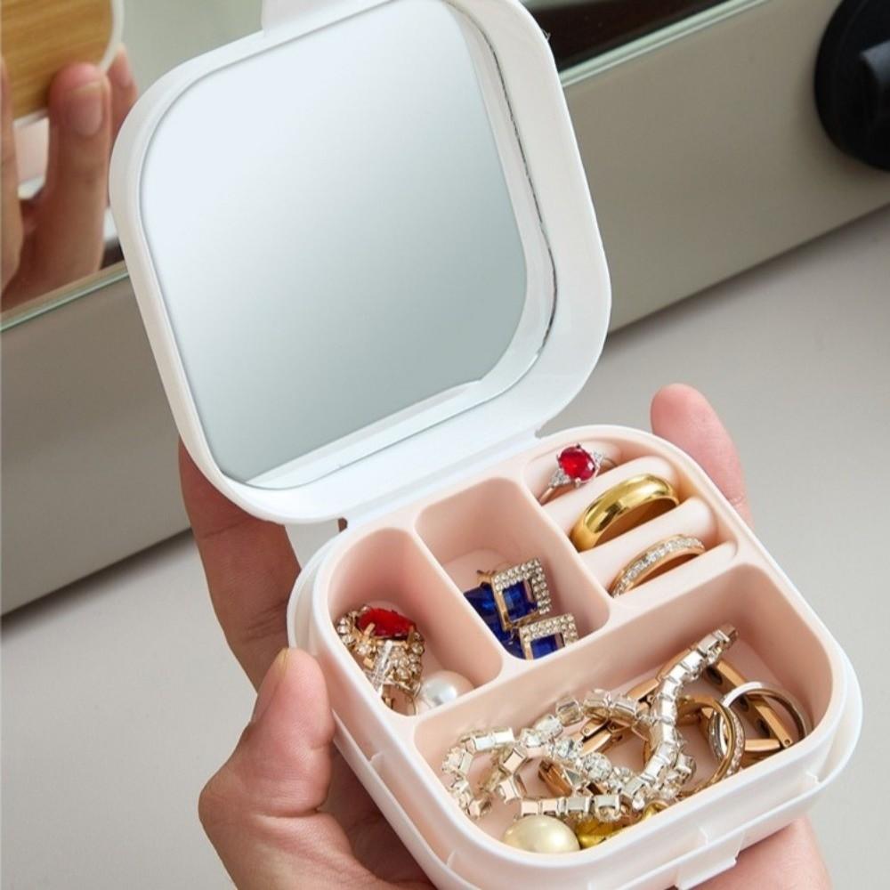Portable Jewelry Box with Compartment Box with Mirror Small Desktop Organizer Storage