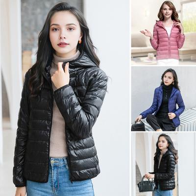 Women Winter Down Jacket with Hood And Zipper Pockets Zip-up Padded Solid