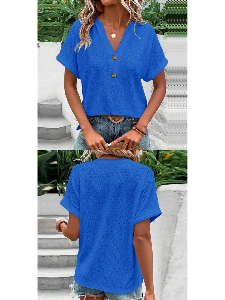 Spring/Summer 2026 Women's Casual V-Neck Button T-Shirt - Sweet Short Sleeve, Solid Color