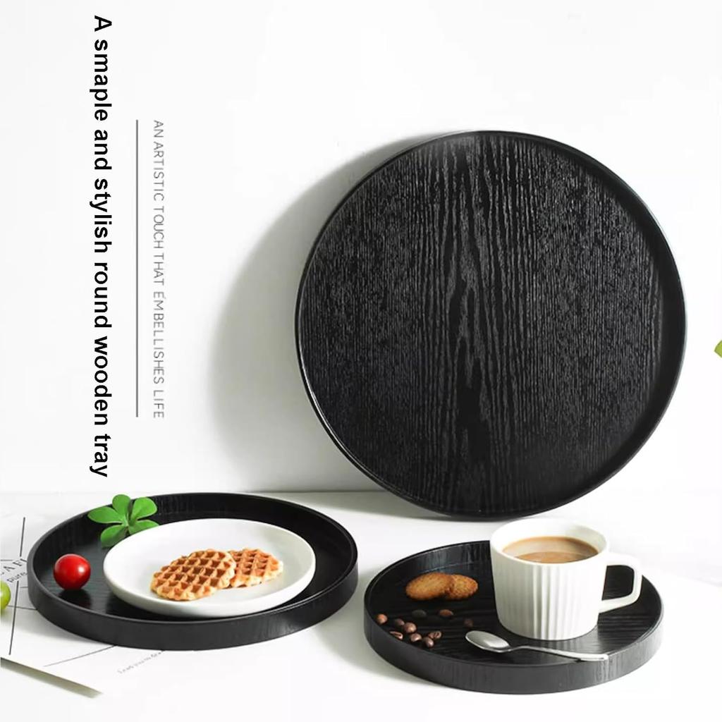 Round Wood Serving Tray, Solid Wooden Decorative Tray Non-Slip Tea Coffee Table Tray Snack Plate Food Meals Serving Tray with Raised Edges for Home