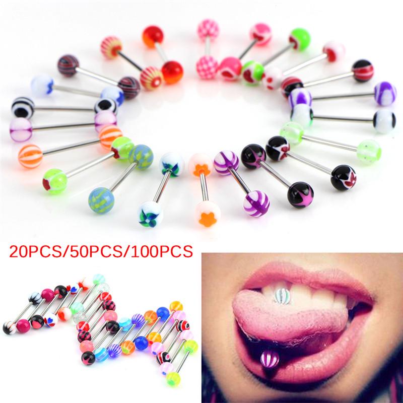 20/50/100Pcs Tongue Bars Surgical Steel Barbell Rings Ball Body Piercing Jewelry