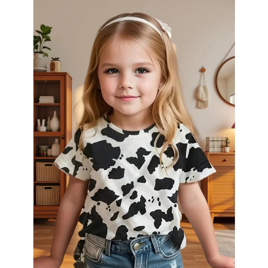 T-shirty w krowie wzory dla dziewczynek Codzienne ubrania dla dziewczynek 7-8 lat Góry z krótkim rękawem Na zewnątrz Harajuku Okrągły dekolt Koszulki Dziecięca koszulka