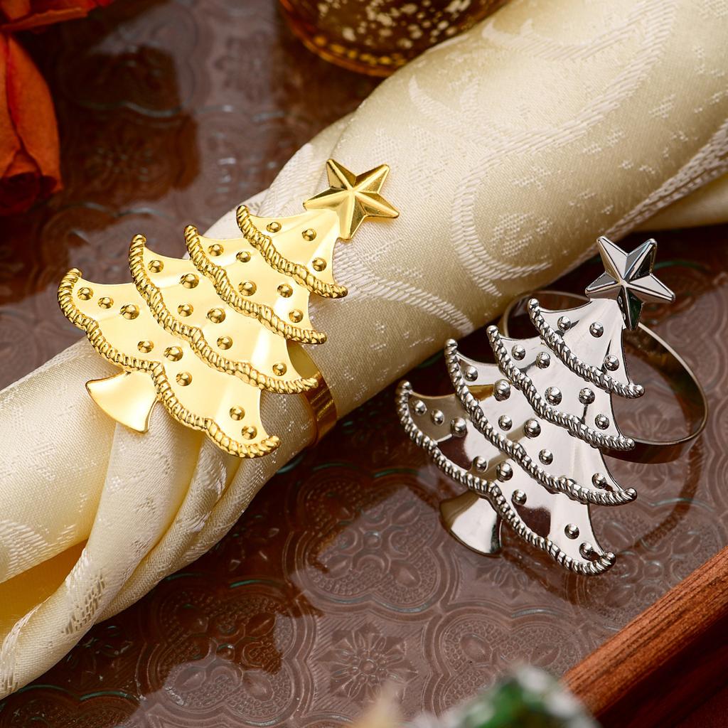 D5 Napkin 6PCS Rings Set for Christmas Winter Wedding, Gold Christmas Tree Metal Home Table Decorations, for Kitchen Banquet