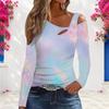 Women Plus Size Asymmetric Cutout Neck Cold Shoulder Long Sleeve Fitted Pastel Gradient Printed Top