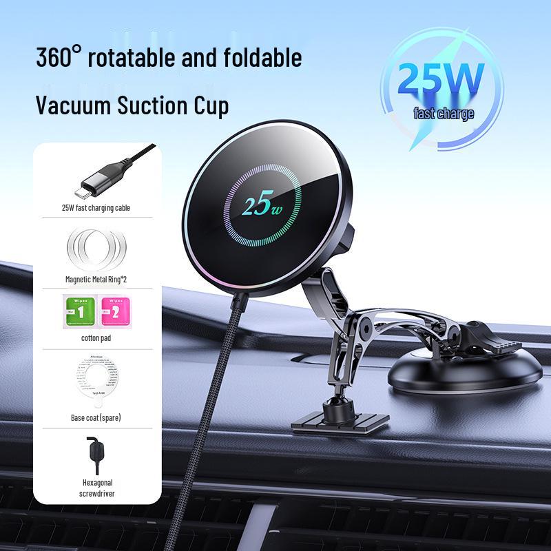 25W Magnetic Car Phone Holder with Wireless Charging and Suction Cup Mount