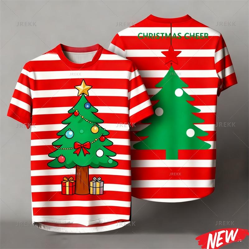 Red Stripes Cartoon Christmas Tshirt Men Women 3d Printing Merry Christmas Tee Shirts Tops 2026 New Year Short Sleeve T-shirt