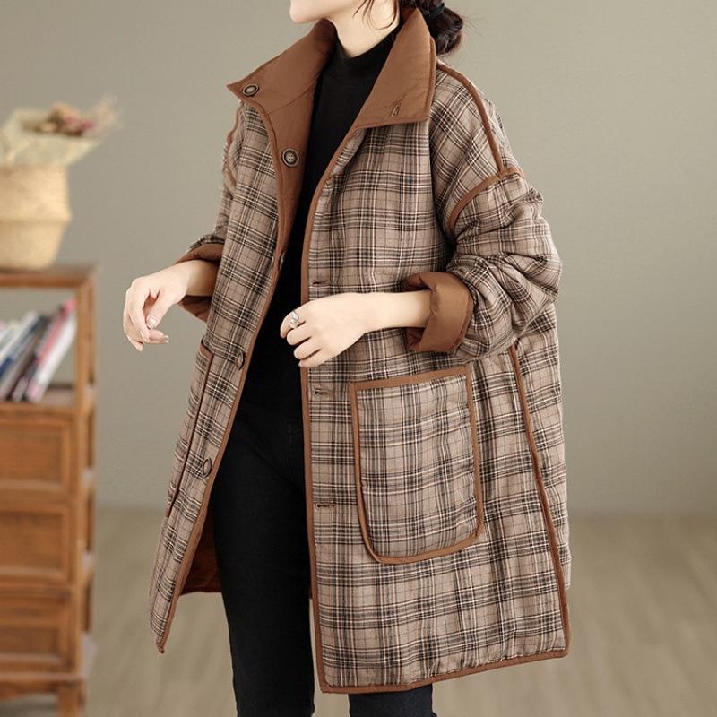 Women's Retro Plaid Thickened Cotton Padded Jacket - Casual, Warm, Versatile Winter Coat