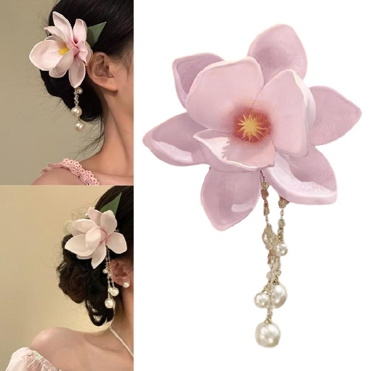 Fashionable Magnolia Resin Hair Clip Pearls Chain Decoration Hair Barrette For Women Various Hairstyles and Occasion