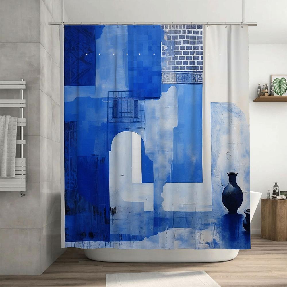Blue White Bathing Curtain with Abstract Design for Bathroom Decoration