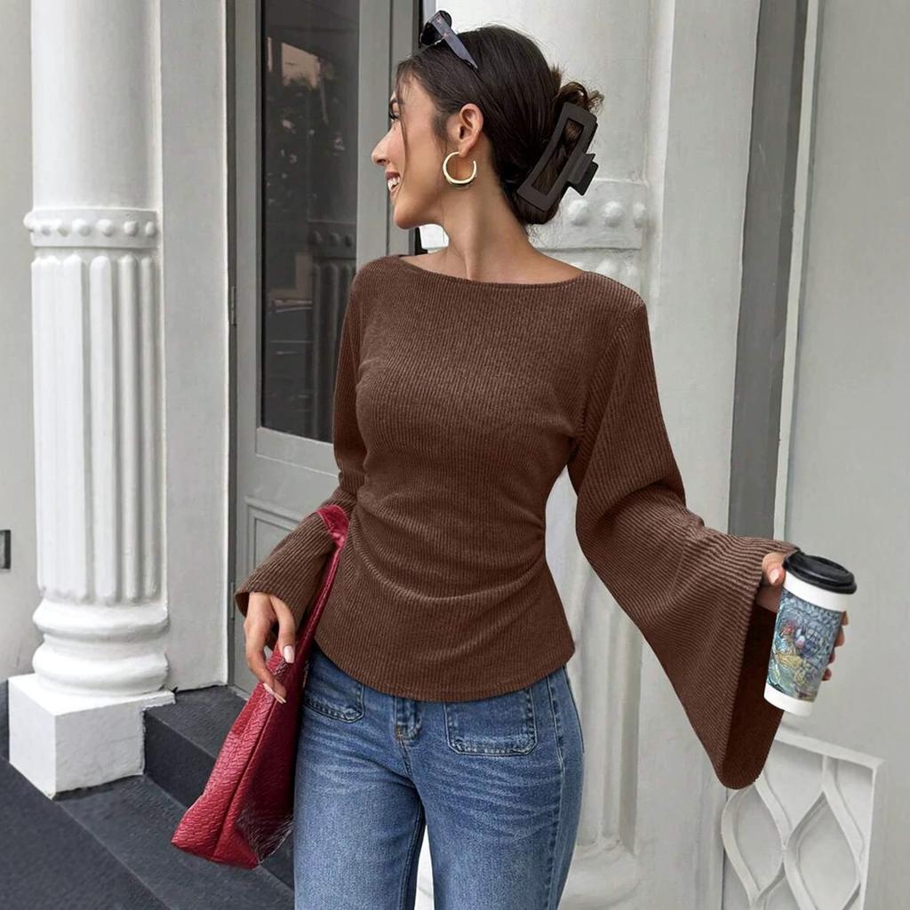 Women Off Shoulder Knitted Sweater Long Sleeve Asymmetric Hem Casual Top