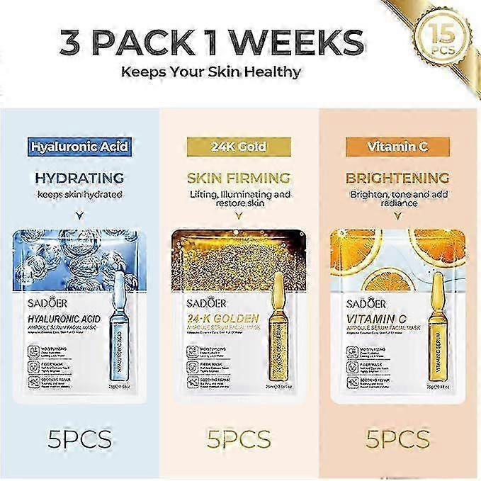 15PCS Vitamin C Hyaluronic Acid Face Mask, Anti-Wrinkle Real Deep Hydration, 24K Golden Moisturiser Overnight Sheet Masks, Natural Soothing Face Mask