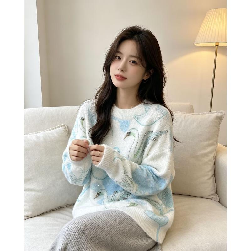 2026 Autumn Women Colorful Sweaters Knitting Basic Fashion O-Neck Style Loose Pullover Sweater