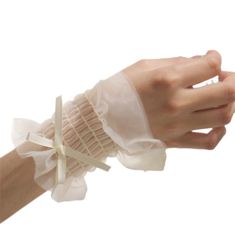 Women Wrist Cuffs Ribbon Bow Removable Ruffled Wedding Supply Bride Dress False Sleeves Tulle Flared Sleeves