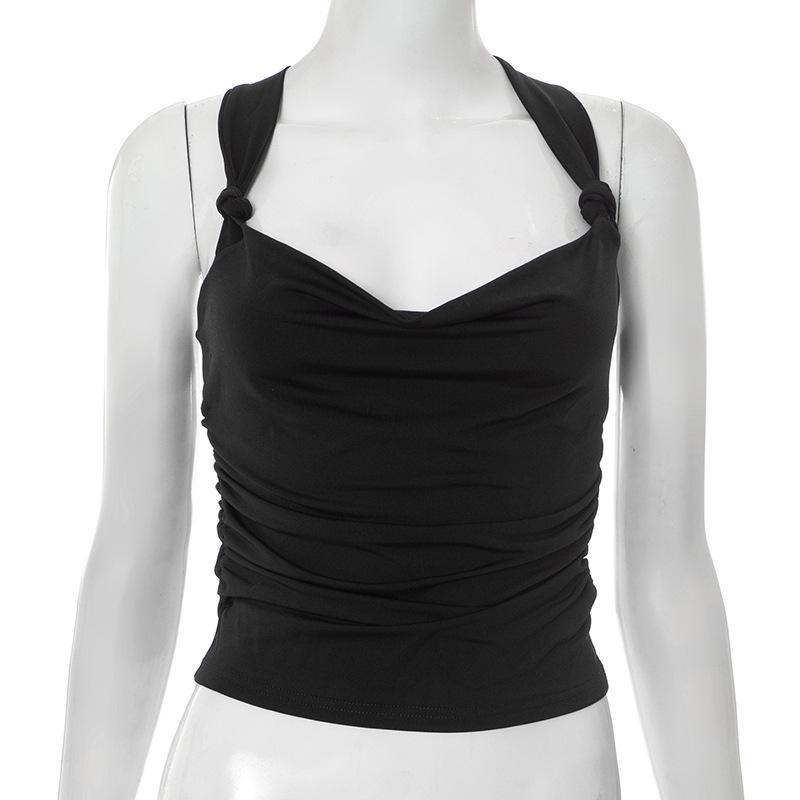 

Q25TP108 Women s Summer Solid Color Low-Cut Sleeveless Ruffle Cropped Top Large чёрный