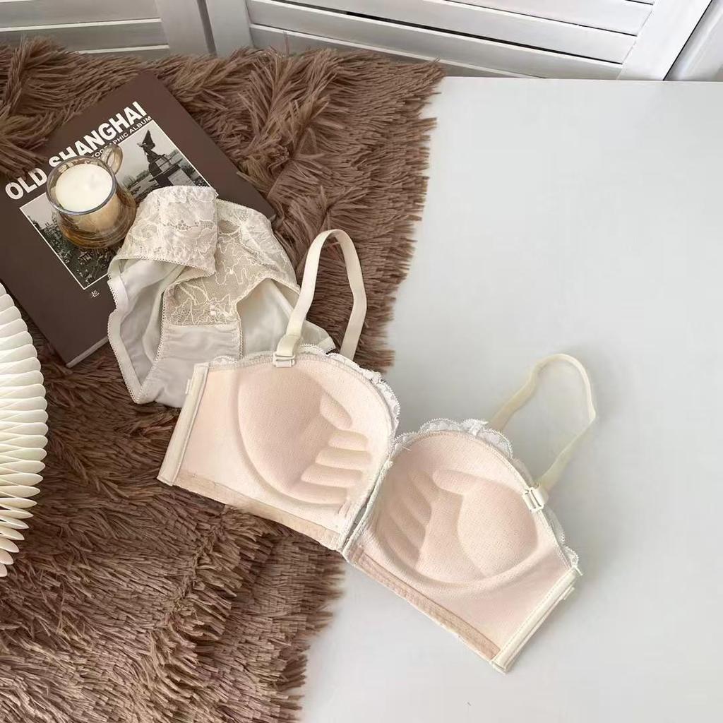 Women's Push-Up Lace Bra - Double Front Closure, Wireless, Adjustable, Side Support, Beautiful Back Design