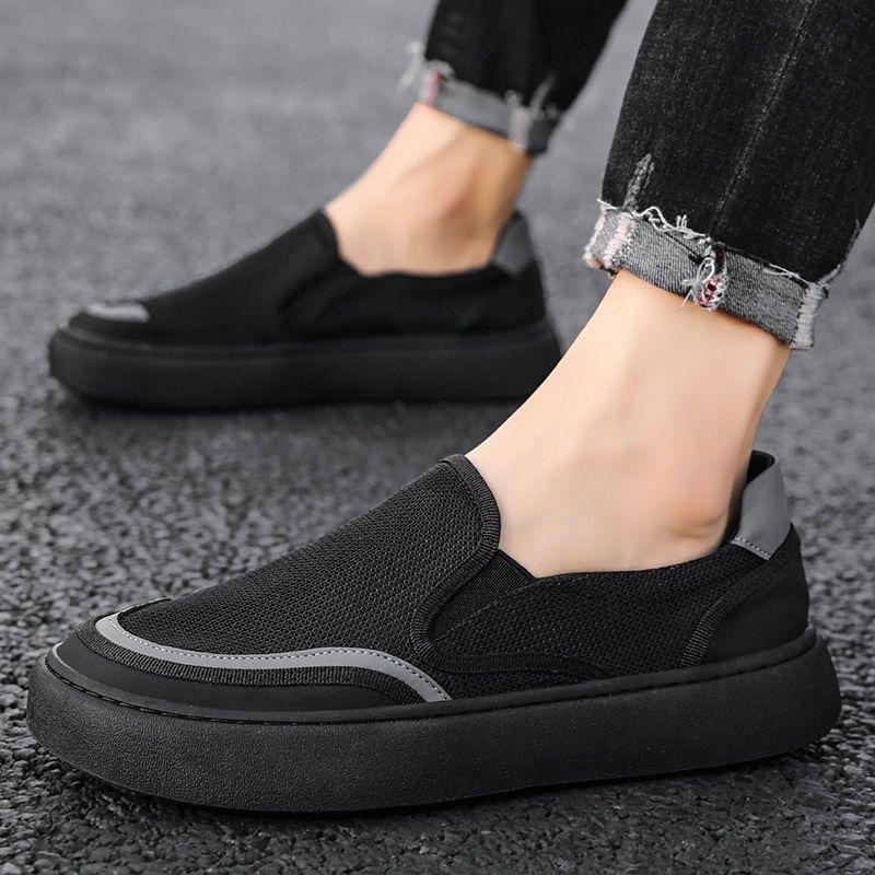 Summer casual shoes breathable canvas shoes thin mesh men's board shoes black one-pedal sneakers lazy shoes