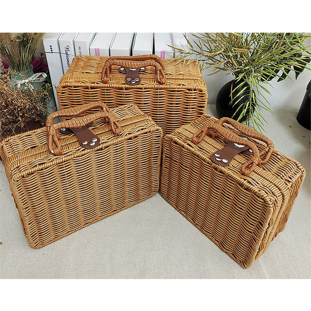 Mini Suitcase Box PE Rattan Hand Woven Rectangular Storage Basket with Handle for Travel Themed Party Wedding Decoration