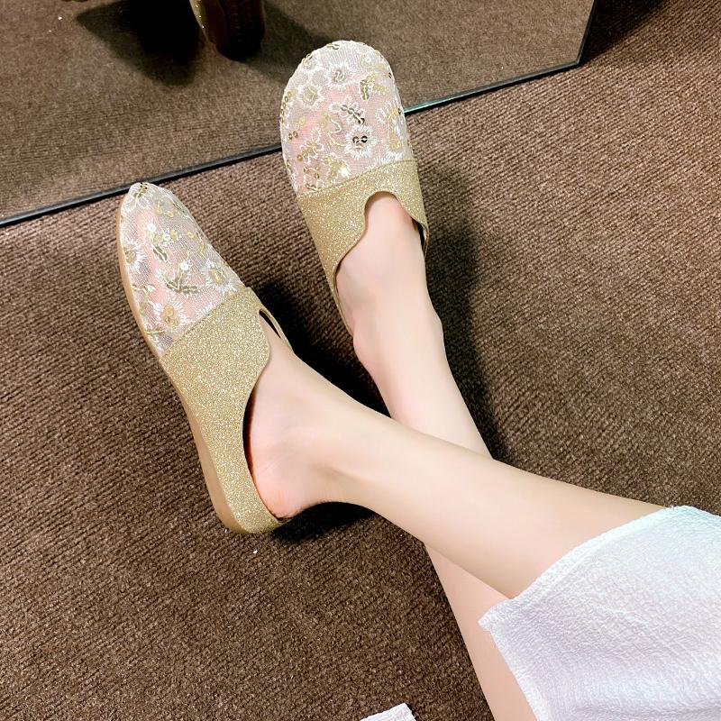 Fashion Spring New Baotou Slippers Women's Fashion Round Head Deep Mouth Splicing Sequin Cloth Soft Soled Non-slip Flat Shoes