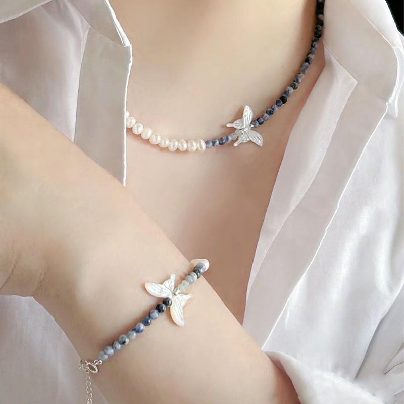 

S925 Sterling Silver Blue Spot Stone & Pearl Butterfly Necklace - Women s Unique High-End Spring/Summer Beaded Choker 925 Silver