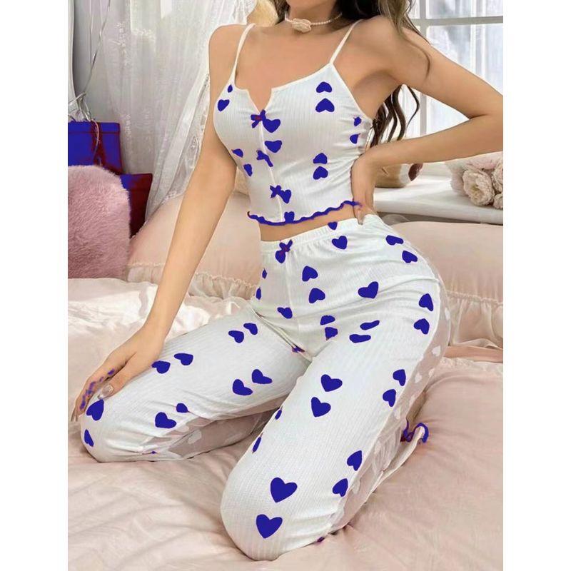 

Printed House Wear Split Halter Pajama Set Lace Patchwork Pajamas Suit Women Blue Heart All yards