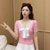 Chic Women's Bow Lace Knit T-shirt: Age-Defying, Sweet & Spicy, Short-Sleeved