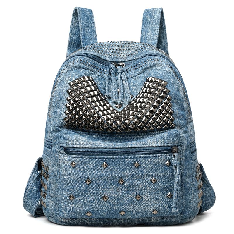 Zaino di Moda in Tessuto di Cotone Denim con Borchie Super Cool e Cerniera Solida per Donne 2026 Alta Qualità Grande Capacità Stile Designer Borsa da Scuola