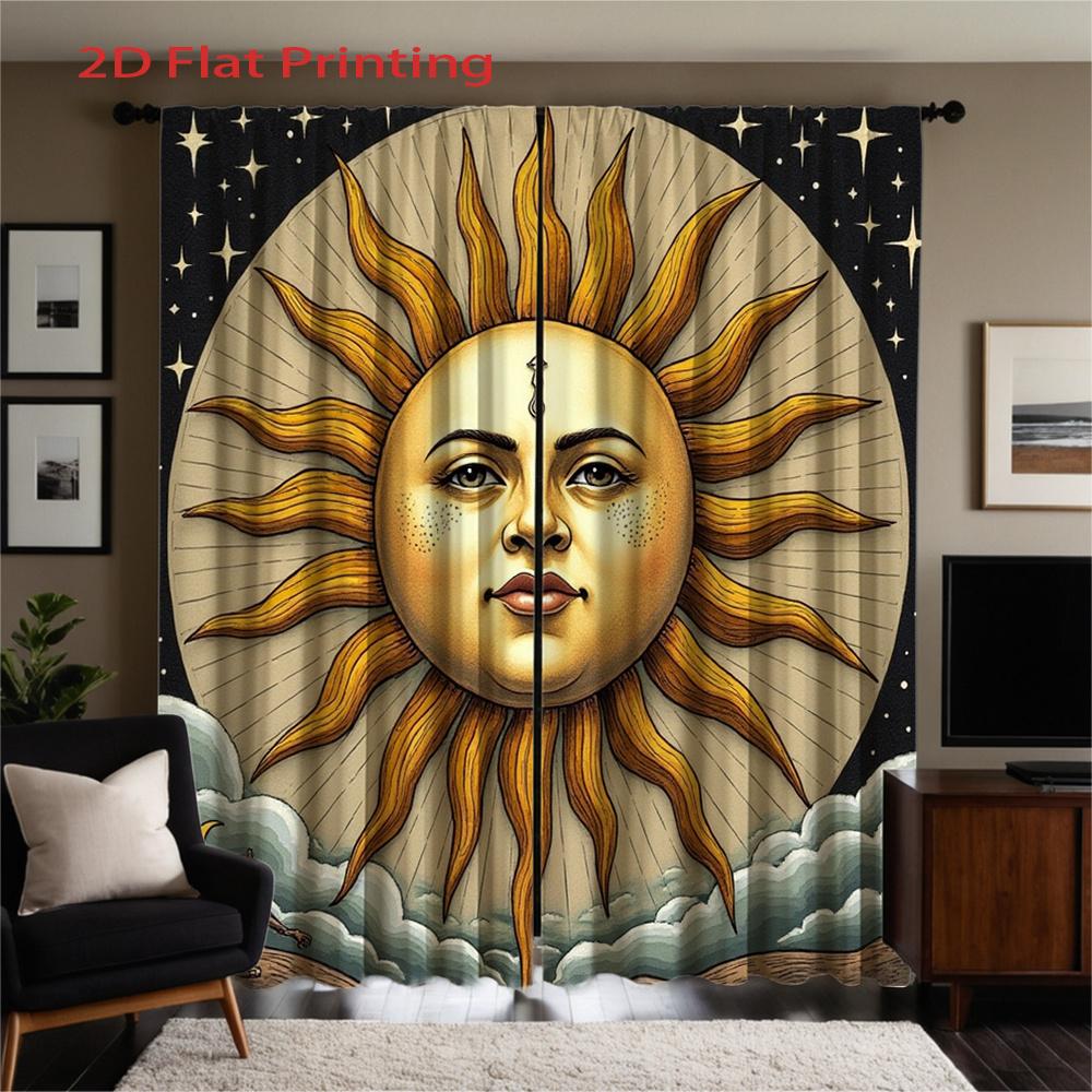 Mythical Sun Curtains 2pcs – Golden Sun Face with Stars & Clouds, Astrology Inspired Decor for Bedroom and Living Room