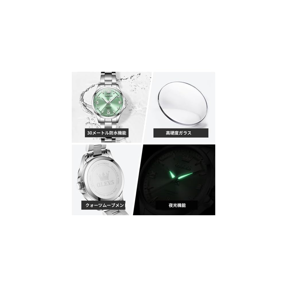 OLEVS Women's Quartz Watch Classic Dial Stainless Steel Band Luminous 30M Water Resistant Green