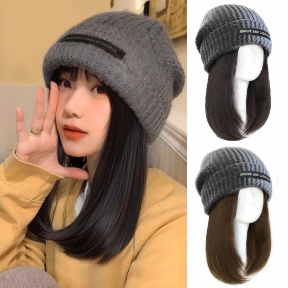 14 inch Beanie Hat Hairpiece Knitted Cap Warm Ski Hat Wigs for Autumn and Winter