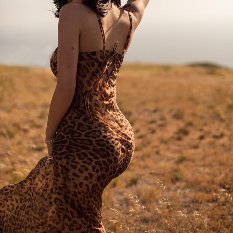European & American Leopard Print V-Neck Bodycon Backless Camisole Dress with Slit