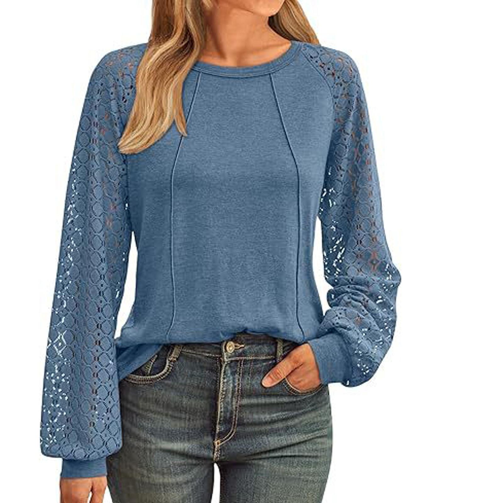 

Женский свободный повседневный однотонный топ с круглым вырезом и кружевом в стиле пэчворк с длинными рукавами L синий