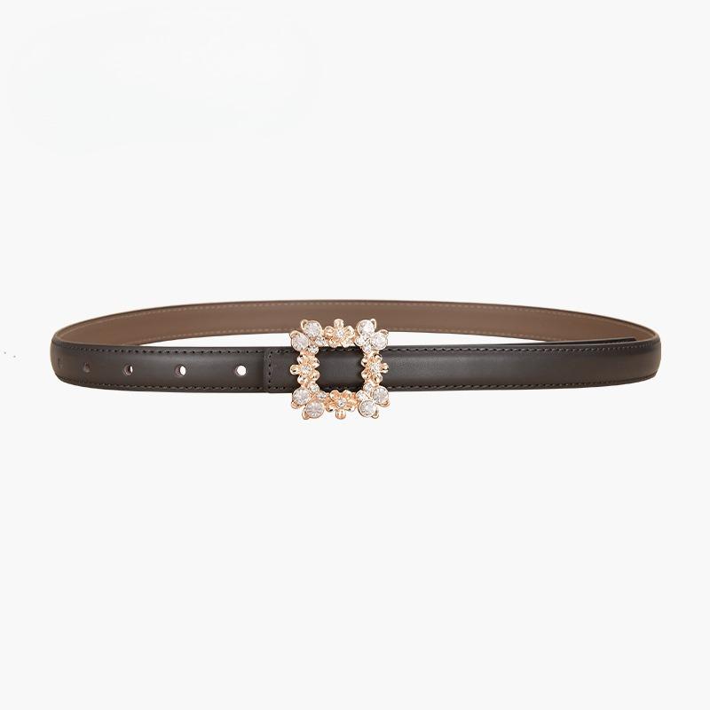 New Women's Belt Inlaid with Crystal Diamond Square Buckle Decorative Strap Versatile Women's Genuine Leather Smooth Buckle Belt