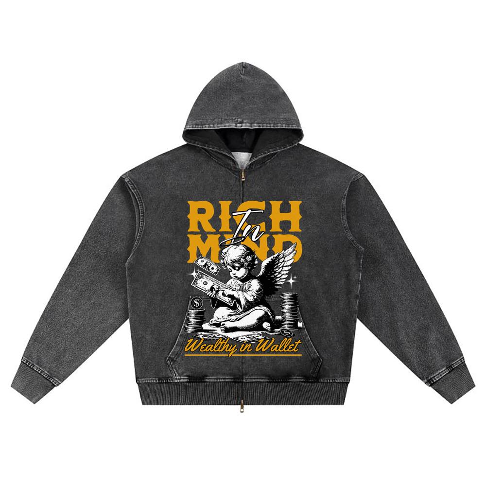 DTG print Knitted Denim Zip-Up Hoodie Rich in Mind, Wealthly in Wallet Brother Print Zipper Hoodies