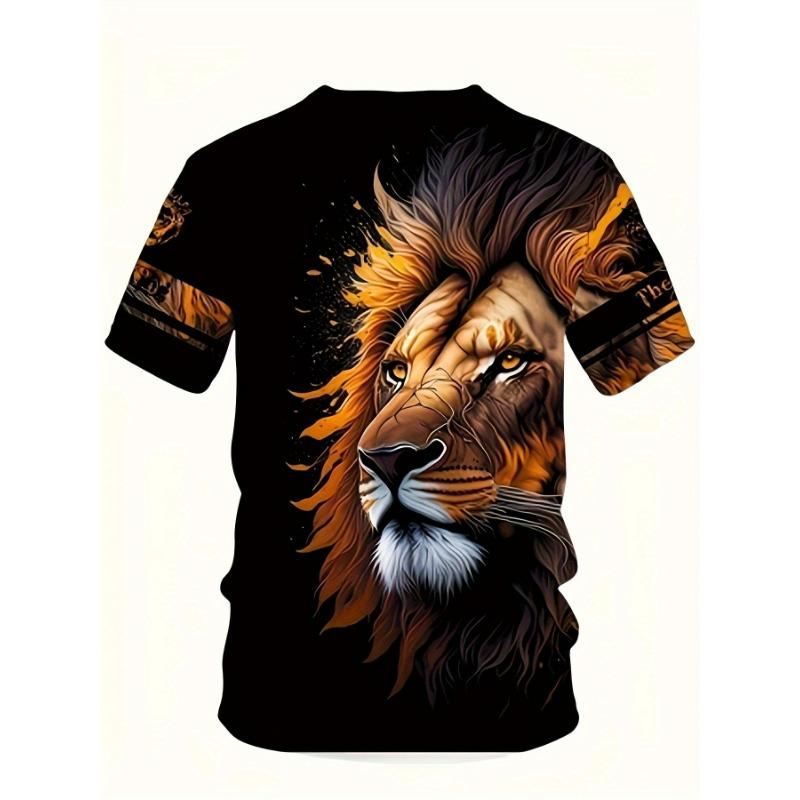 Men's Majestic Lion Printed T-Shirt Casual Short Sleeve Crewneck Top Cool Orange Splash Animal Graphic Tee Hip Hop Style Streetwear Fashion Clothing