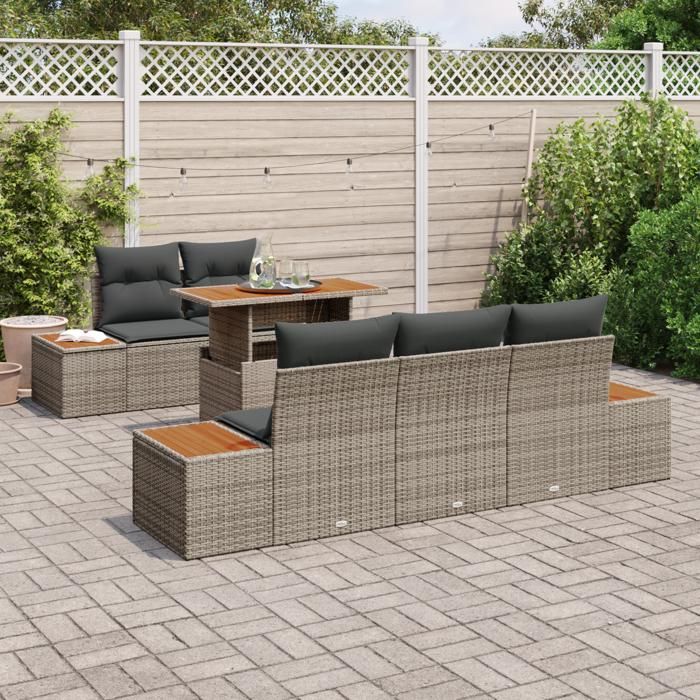 VidaXL Ensemble repas jardin 6 pièces avec coussins Gris Poly Rotin Acacia 3350026