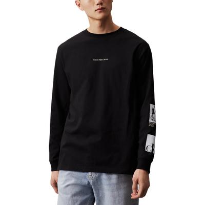 Vaqueros Color Sólido Estampado de Letras Cuello Redondo Camiseta de Manga Larga Tops para Hombre Negro J30J325693-BEH