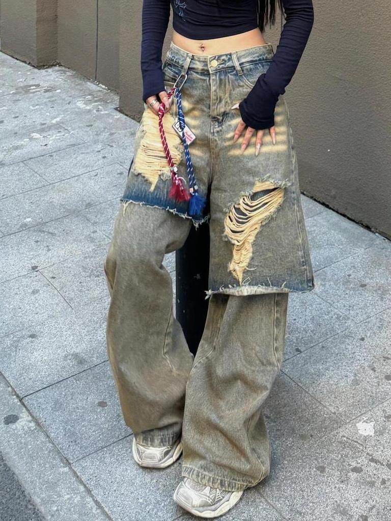 American retro large size washed and old two-piece jeans women's street design loose straight drop trousers tide