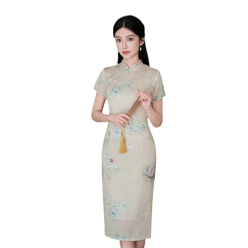 Retro Chinese Style Small Medium and Long Short-sleeved Cheongsam Spring and Summer New Middle-aged and Elderly Women's Large-size Cheongsam